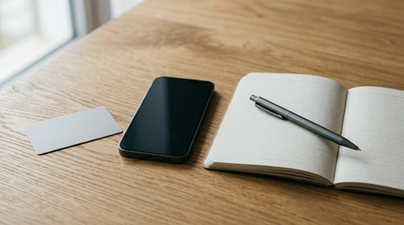 Card bancar fără însemne lângă un telefon și un carnet deschis pe masă